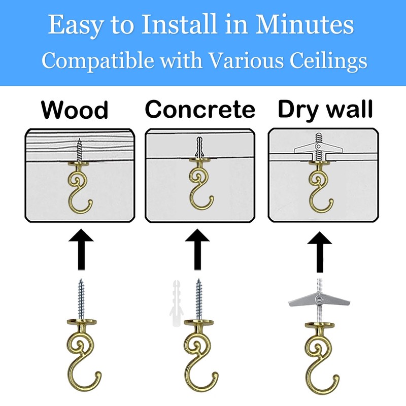 Evsteluo 4 Sets S-Shaped Heavy Duty Ceiling Hook,for Wood, Concrete