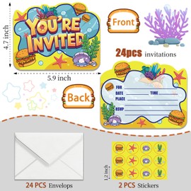 TYHJOY 24 Pcs Cartoon Yellow Birthday Party Invitations with Envelopes, Funny Underwater Party Invite Cards for Sponge-Themed Birthday Party Decorations Supplies
