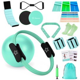 Pilates Equipment Kit for Home Workout, Pilates Ring and Ball Set for Women, 14'' Magic Circle Essentials Accessories Kit with Wrist Weights, Resistance Bands, Yoga Strap, Core Sliders, Socks, Bag