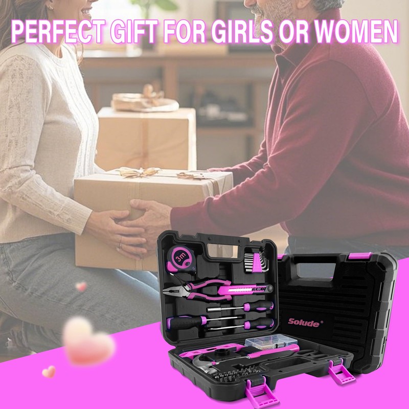 SOLUDE Pink Tool Set,102-Piece Home Pink Tool Kit for Women