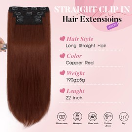 Clip in Synthetic Hair Extensions Long straight 4PCS Thick Hairpieces Fiber Double Weft Natural Hair Extensions 22 Inch for Women （Copper Red）