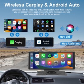 Portable Apple Car Play Screen 10.3 inch IPS Carplay Screen Car Buddy Touchscreen Unit, Wireless Android Auto FM Transmission Bluetooth for 7V-32V Vehicles +64G TF Card