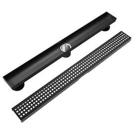WEBANG 36 Inch Rectangular Linear Shower Floor Drain With Accessories,Quadrato Pattern Grate Removable,Food-grade SUS 304 Stainless Steel,WATERMARK&CUPC Certified,Matte Black