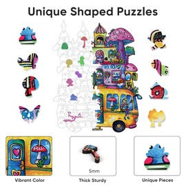 Wooden Jigsaw Puzzles for Adults Mushroom Bus 500 Pieces with Unique Irregular Shape Fun Challenging Puzzles for Kids and Couples on Birthday,Children’s Day,Christmas (16.5"*16.5")