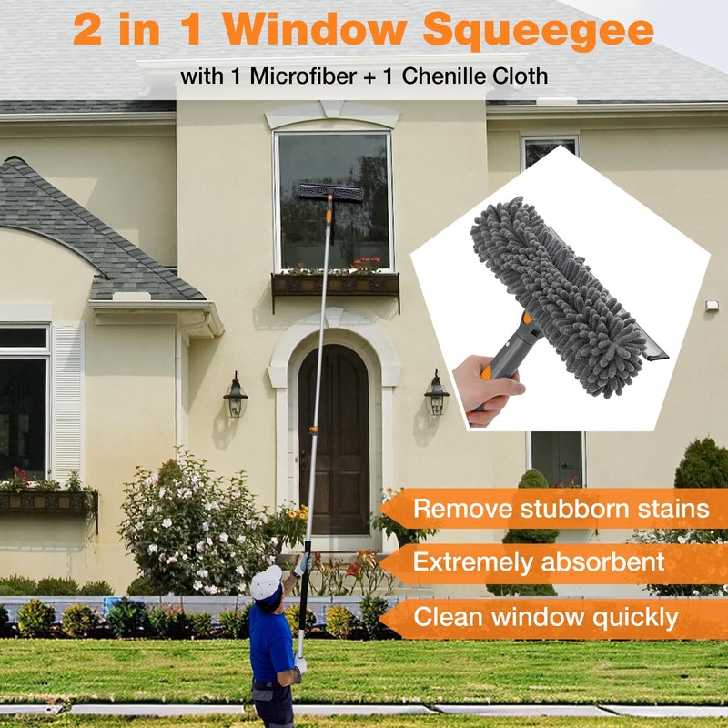 12Ft Window Squeegee with Extension Poles, 2-in-1 Window Cleaning Kit
