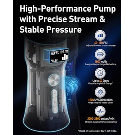 MySmile LP221 UVC Irrigadores dentales inalámbricos esterilizables para dientes Hilo dental portátil con pantalla OLED de 335 ml con 4 modos, 8 puntas