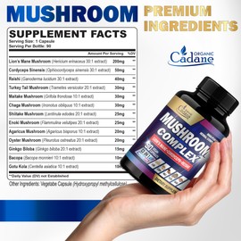Organic Cadane Mushroom Complex Supplements for 3-Month Supply - 13in1 Lions Mane, Cordyceps Sinensis, Reishi, Turkey Tail Mushroom, Maitake, Chaga, Shiitake, Enoki, and More - 90 Vegan Capsules