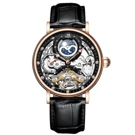 rorios Men's Watches Moon Phase Automatic Watch Mechanical with Leather Strap Waterproof Skeleton Tourbillon Watches Fashion Diamond Watches for Men, Rose Gold Black, Strap.