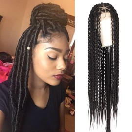 Kalyss 38" Full Double Lace Triangle Knotless Faux Locs Braided Wigs Curly Wavy Cornrow Twist Braided Wigs with Baby Hair Black Synthetic Lace Frontal Twisted Braids Wig for Women