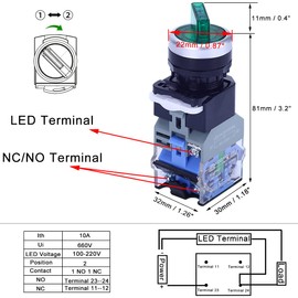 Sinyiol 2Pcs Latching Rotary Selector Switch with 110V LED lamp, 22mm 2 Positions,1 NO,1 NC,Green LED Light and Red LED Light Maintained Latching Rotary Selector Switches,Ith 10A Ui 660V