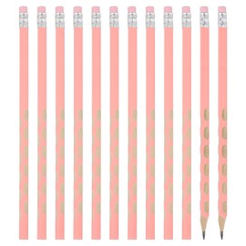 PATIKIL Round Pencils, 12 Pack Triangle HB Graphite Pencil Hole Design Woodcase Wooden Pencils with Eraser for Classroom Office Writing Drawing Supplies, Pink