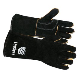 Leather Welding Gloves by LeaSeek - Heat Resistant & Flame Retardant Barbecue Gloves & Fireplace Gloves & Grill Gloves & BBQ Gloves, Heavy duty, Black - 14 "