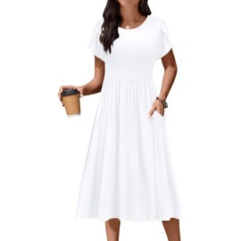 AOMONI Short Sleeve Casual Summer Dress A Line Round Neck Midi Dresses for Women Wedding Guest Dress with Pockets White