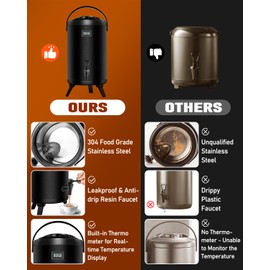 Insulated Beverage Dispenser 3.2 Gal - Hot Drink Dispenser 304 Stainless Steel w/Real-time Thermometer Iced Beverage Dispenser Water Milk Tea Coffee for Parties Catering Commercial w/Labels, Black