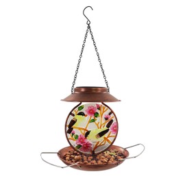 BVLFOOK Solar Light Bird Feeder Metal & Glass Bird Feeder for Outdoor Patio Yard (red Glass)