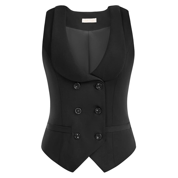 Belle Poque Women's Vest with Curved Lapel, V-Neck, Checked Vest