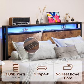 Kiivakii Full Size Bed Frame with 2 Drawers, LED Platform Bed with Storage Headboard, Built in USB Ports, Noise Free No Box Spring Needed, Rustic Brown