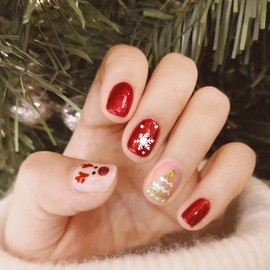 24Pcs Christmas Nails Press on Nails Short Square Fake Nails with Glue Xmas Acrylic Nails Design Winter Holidays False Nails Supply Christmas Tree Snowflakes Elk Stick on Nails for Women and Girls