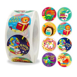 Animal Reading Reward Stickers for Teachers, Motivational Incentive Stickers for Kids, 500pcs Roll 1in Round 8 Designs with Penguin, Dinosaur, School Cartoon Animal Labels for Students