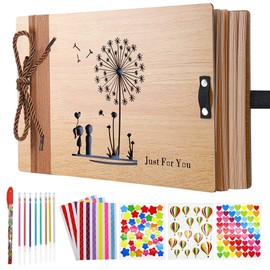 ZEEYUAN Vintage Wooden Photo Album, Love Scrapbook, with 6 Stickers, 8 Color Pens, 11.4 x 7.4 inch, 40 Sheets