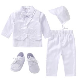 Booulfi Boy Clothes 5 Pcs Christening Baptism Outfits for Boys Long Sleeve Wedding Birthday White Suit 2-3t Boy Clothes