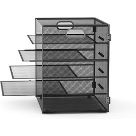 5 Tier Paper Letter Tray with Handle, Metal Mesh Desk File Organizer with Trays, A4 Paper Desktop Filing Trays for Home Office School, Black