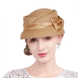 Women’s Vintage Straw Cloche Church Hat with Satin Bow | Elegant Bowler Bucket Hat for Tea Party Wedding Garden Formal Events Khaki