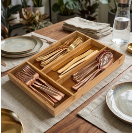 Bamboo Cutlery Drawer Organizer for Tableware – Natural Bamboo Storage Tray for Neat and Accessible Kitchen Drawers