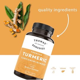 Thomas' all-natural Remedies Cúrcuma, curcumina y jengibre con pimienta negra, suplemento orgánico para apoyar las articulaciones con cúrcuma (95% de 