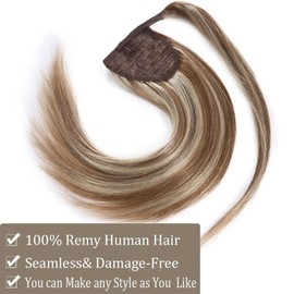 Star Show Ponytail Extensions Wrap Around Clip in Human Hair Pony Tail Hairpiece Long Straight One Piece with Magic Paste for Women Ash Brown & Bleach Blonde (20 inch, Highlight P10/613)