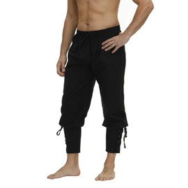 Men's Ankle Banded Cuff Renaissance Pants Medieval Viking Navigator Trousers Pirate Cosplay Costume with Drawstrings Black-M