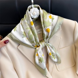 MEDUOLA Women's Scarf Made of Faux Silk Flowers and Various Patterns Print Scarf Elegant Accessory 70 cm x 70 cm Square Scarf, Green Daisy