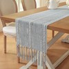 Farmhouse Decor Boho Table Runner with Macrame, Elegant Dusty Blue