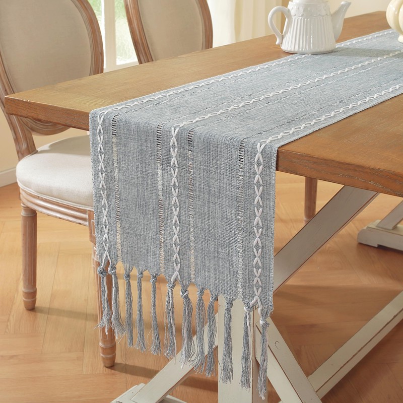 Farmhouse Decor Boho Table Runner with Macrame, Elegant Dusty Blue