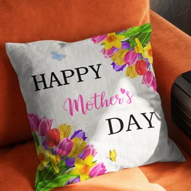 Happy Mother's Day Throw Pillow Cover，Tulip Flowers Love Mom Pillow Covers Farmhouse Decorative Cushion Case Sofa Pillow Case 18x18 Inch