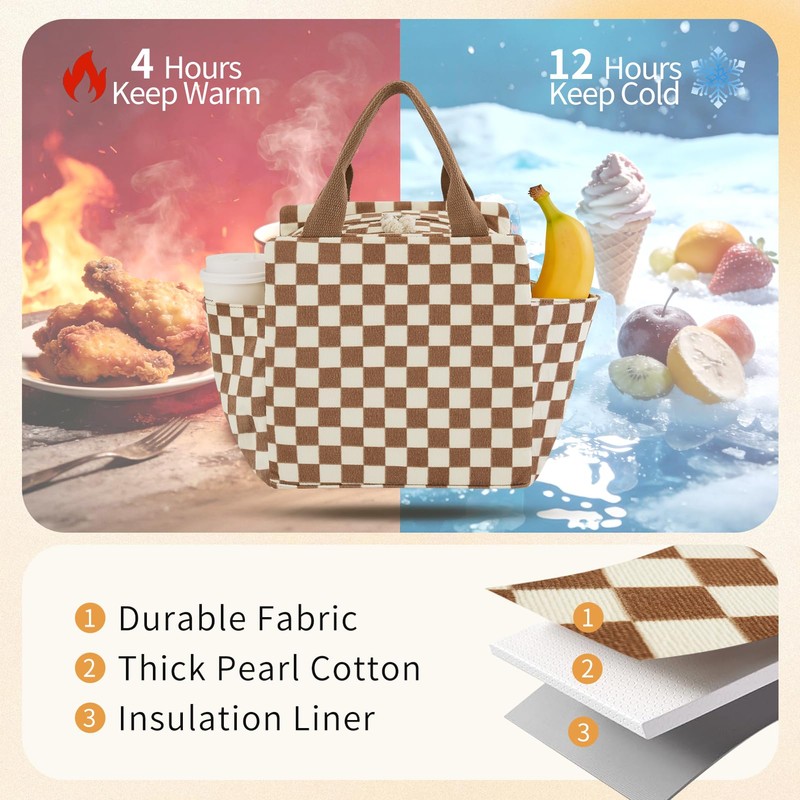 Lunch Box for Women Checkered,Cute Lunch Bag Insulated Adult,Leakproof Corduroy