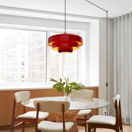 Qepeety Red Plug-in Pendant Light No Hardwire Needed, 3 Layer Metal Shade Mid Century Hanging Light for Kitchen Island, Kids Room, Dorm, Easy Install Ceiling Fixture