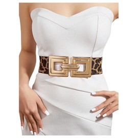 Floerns Women's Wide Elastic Belt Vintage Leopard Square Symmetrical Buckle Belt, Brown, suit waist size:25.6-29.5"