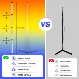 Corner Floor Lamp, Modern LED Corner Lamp with APP & Remote Control, 16 Million Colors, 68+ Scene Modes, Music Sync, Ambient Lighting for Living Room, Bedroom, and Gaming Room