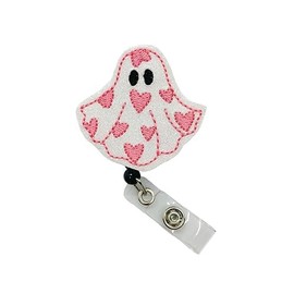 Valentine's Day Ghost Badge Reel, Retractable Pink Heart ID Holder, Glitter Ghoul Name Tag Clip (MRI safe)