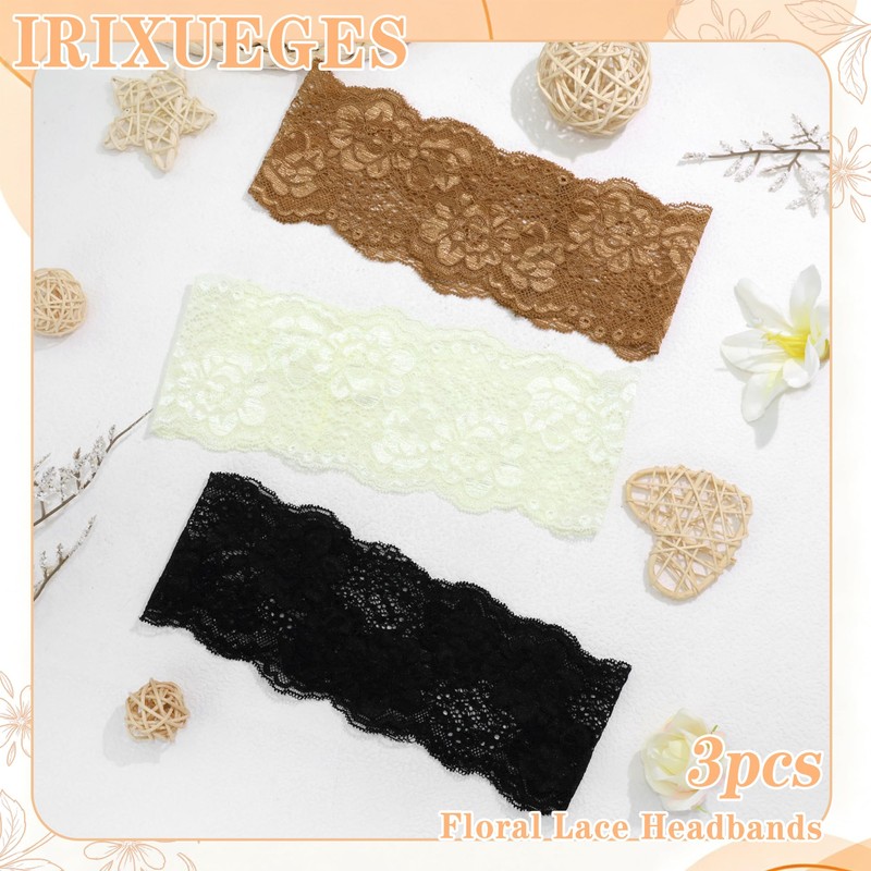 3 PCS Floral Lace Headbands Boho Vintage Stretchy Hair Bands