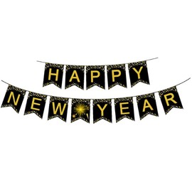 Losuya 2024 New Year Tablecloth and Happy New Year Banner Black Gold Tablecloth 2024 New Year's Eve Party Accessories