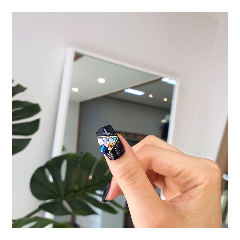 Gold Line Black Handmade Nail Tips - Ballerina S /