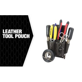 Southwire Tools & Equipment POUCH4 Leather Tool Pouch, 5 Pocket Pouch with Electrical Tape Chain, Fade Resistant, Durable Compartments, Washer Rivets, Includes Metal Tool Clip, Dark Brown