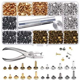 McNory 480 Sets 3 Sizes Leather Rivet Double Cap Rivet Tubular Metal Stud Earrings with 4 Tools Pliers / Setters for DIY Leather Craft Clothing (Silver, Bronze, Gold, Black)