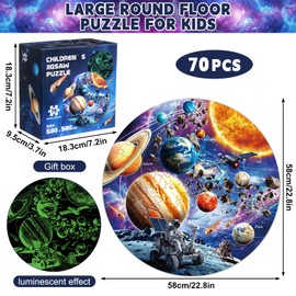 QOUBAI Glow in The Dark Solar System Jigsaw Puzzles of Kids Ages 4-6, 70 Pieces Space Planet Floor Puzzle Toys Large Solar System Planets Educational Puzzle Toys Birthday Gift for Boys Girls Ages 6-8