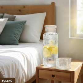 Bedside Water Carafe and Glass Set, 21.6 oz Glass Pitcher with 6 OZ Cup Drinking Cup as Lid, Mouthwash Dispenser for Bathroom, Bedroom Nightstand Serving Decanter Dispenser for Water, Juice, Tea
