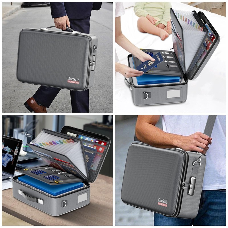 DocSafe Fireproof Document Box with Lock＆Shoulder Strap,Hard Case File Organizer
