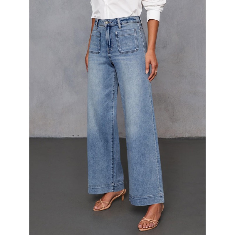 Cicy Bell Womens Wide Leg Jeans High Waisted Cuffed Hem