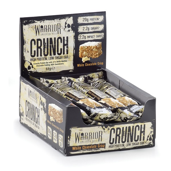 Warrior HIGH Protein Bars (20g Protein Each) - Low Carb, Low Sugar - Pack of 12 Caramel Crispy Crunch Bars - White Chocolate
